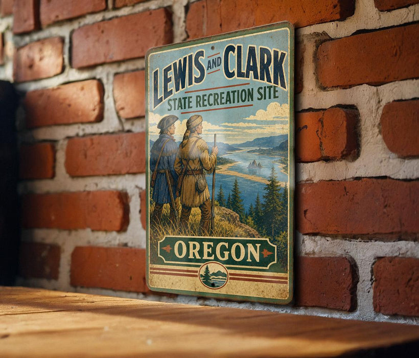 A vintage-style metal sign for the Lewis and Clark State Recreation Site in Oregon, featuring two figures in historical attire standing on a cliff overlooking a scenic landscape.