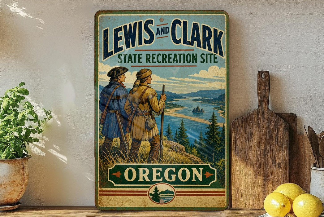 A vintage-style metal sign for the Lewis and Clark State Recreation Site in Oregon, featuring two hikers on a trail overlooking a scenic landscape.