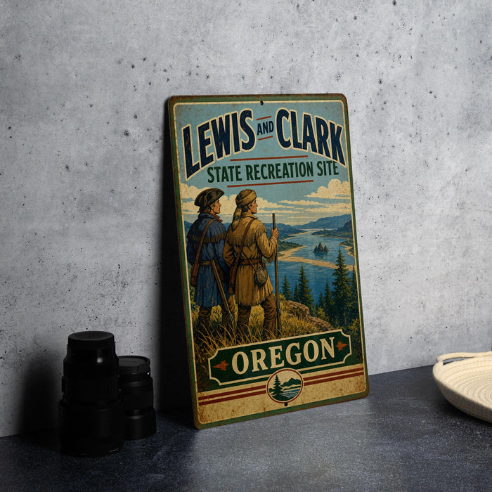 A vintage-style metal sign for the Lewis and Clark State Recreation Site in Oregon, featuring illustrations of two hikers on a trail overlooking a scenic landscape.