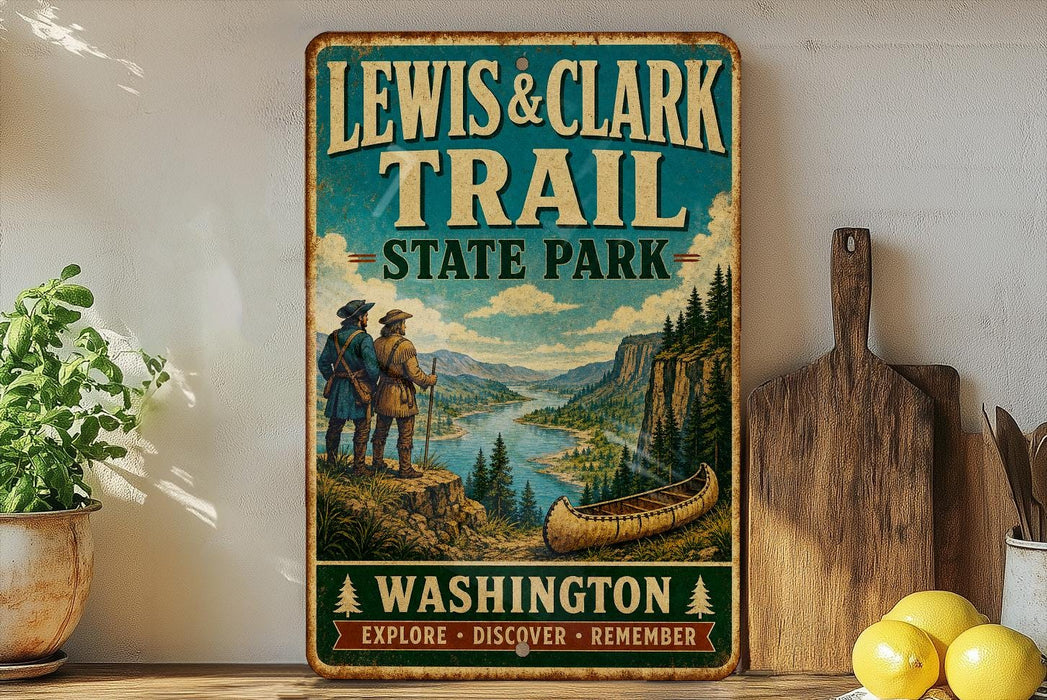 A vintage-style sign for the Lewis & Clark Trail at Washington State Park, featuring a scenic illustration of a river, mountains, and a canoe.