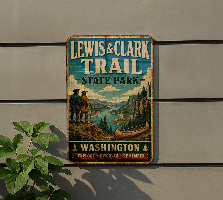 A vintage-style metal sign for Lewis & Clark Trail State Park, featuring an illustration of two men standing on a cliff overlooking a river with a canoe, surrounded by mountains and forests.