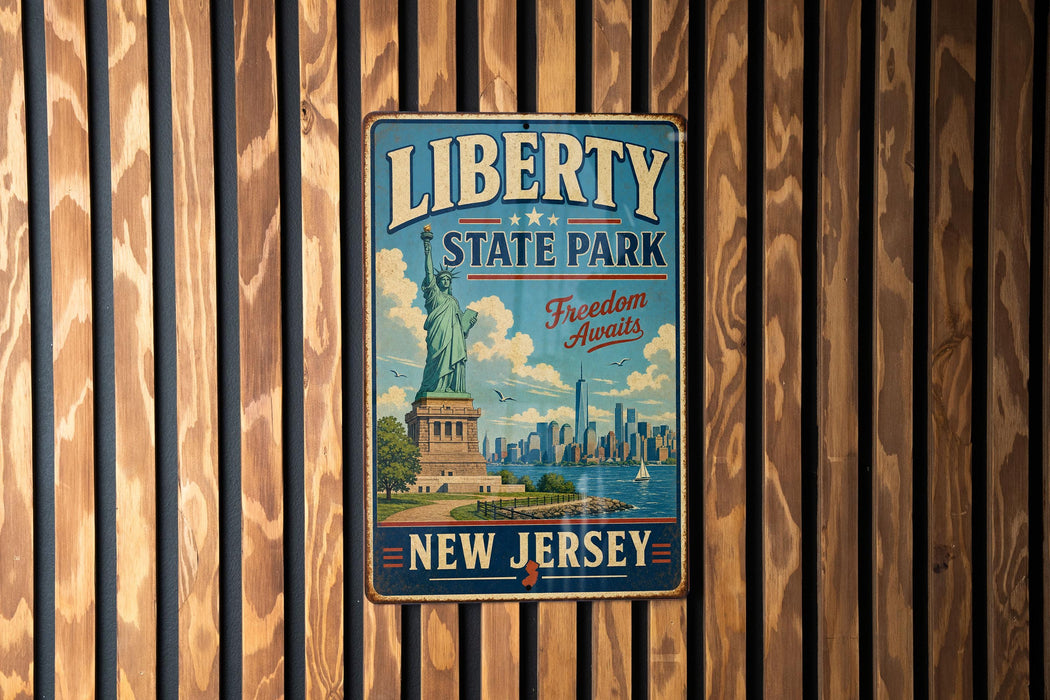 A vintage metal sign with the text "LIBERTY STATE PARK" and "FREEDOM AWAITS" hangs on a wooden wall.