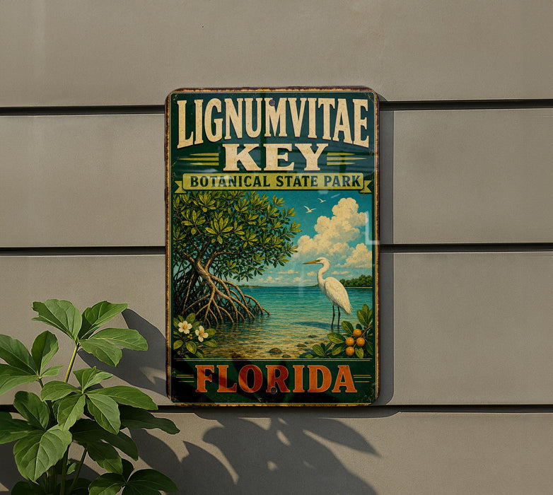 A vintage-style metal sign for Lignum Vitae Key, a botanical state park in Florida, featuring a seagull and a tropical landscape.