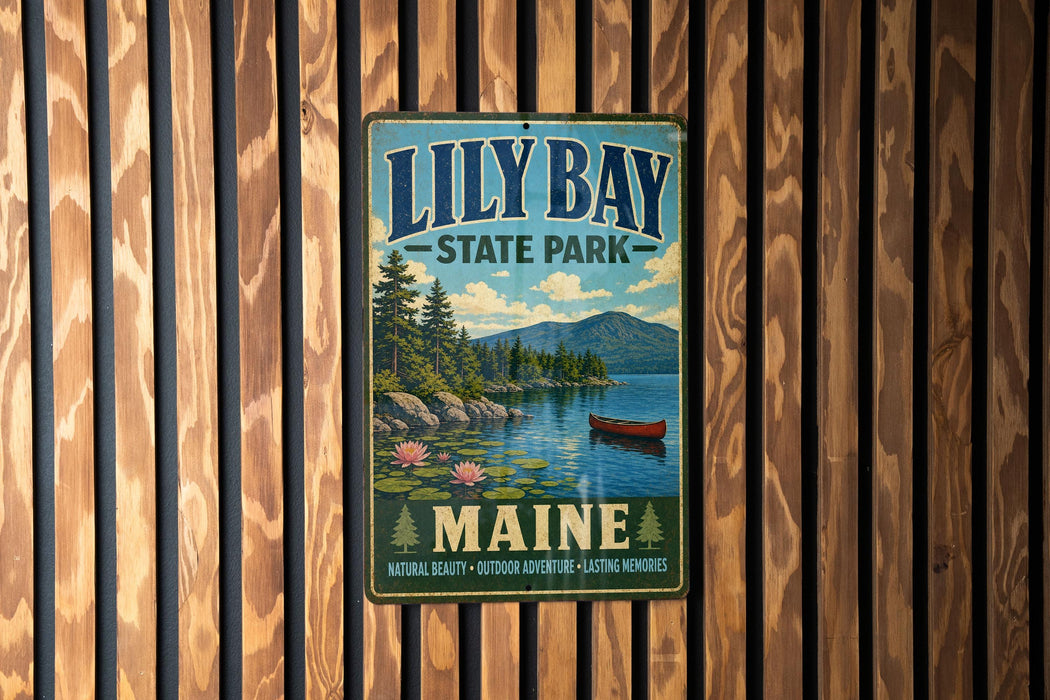 A vintage metal sign for Lily Bay State Park in Maine, featuring a scenic landscape with a lake, mountains, and a canoe.
