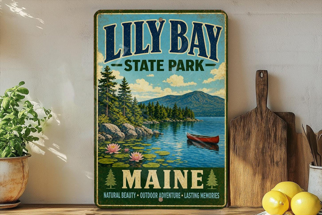 A vintage-style metal sign for "Lily Bay State Park" in Maine, featuring a scenic landscape with a lake, mountains, and a canoe.