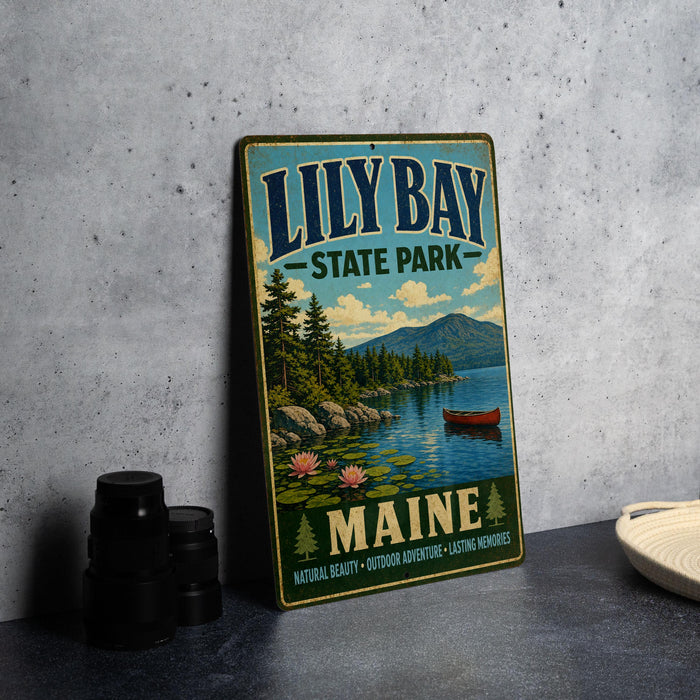 A vintage-style metal sign for "Lily Bay State Park" in Maine, featuring a scenic landscape with a lake, mountains, and a canoe.