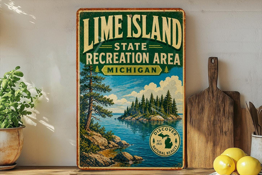 A vintage-style metal sign for Lime Island State Recreation Area in Michigan, featuring a scenic landscape with a lake, trees, and mountains.