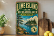 A vintage-style metal sign for Lime Island State Recreation Area in Michigan, featuring a scenic landscape with a lake, trees, and mountains.