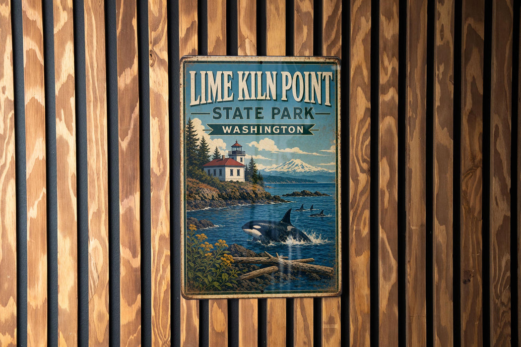 A vintage-style metal sign for Lime Kiln Point State Park in Washington, featuring a lighthouse and a whale in the ocean.