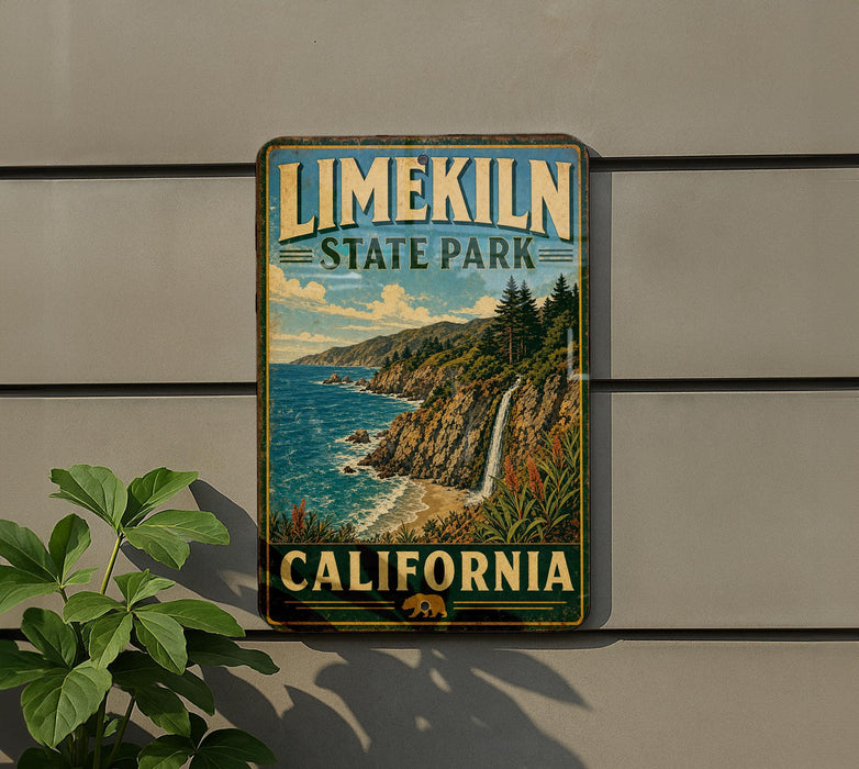 A vintage-style metal sign for Limerick State Park in California, featuring a scenic coastal landscape with a waterfall and mountains.