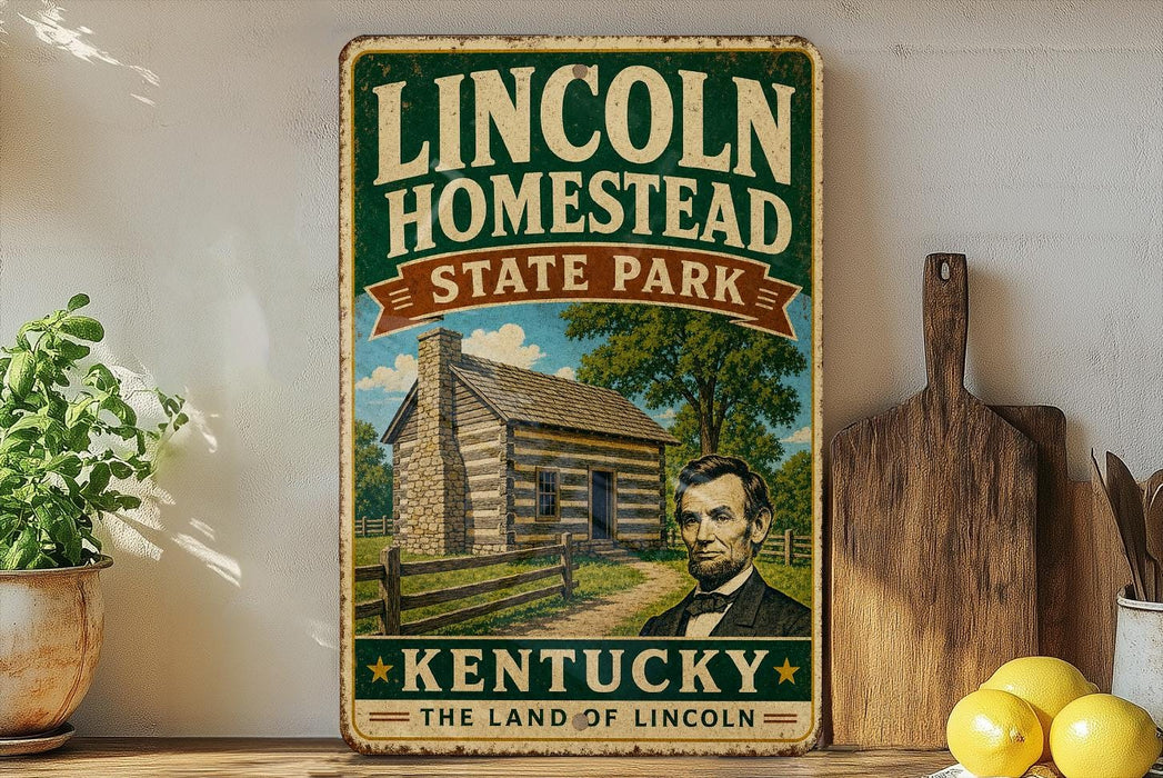 A vintage-style sign for Lincoln Homestead State Park in Kentucky, featuring an illustration of a log cabin and a portrait of Abraham Lincoln.