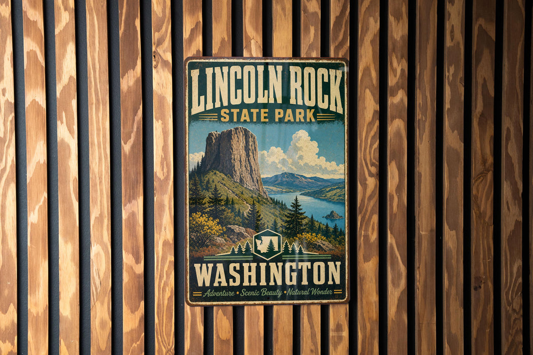 A vintage-style metal sign for Lincoln Rock State Park in Washington, featuring a scenic mountain landscape.