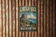 A vintage-style metal sign for Lincoln Rock State Park in Washington, featuring a scenic mountain landscape.