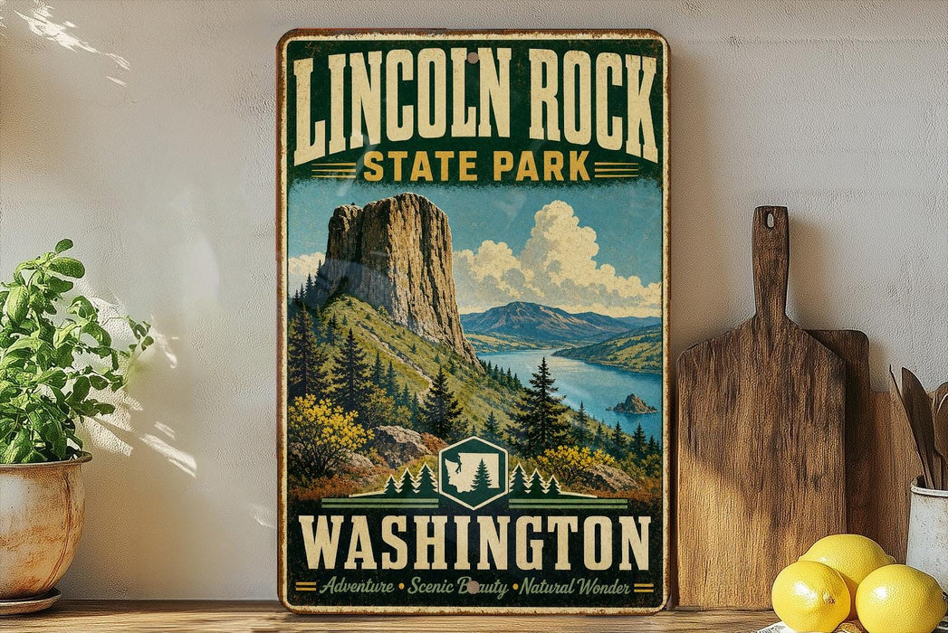 A vintage-style sign for Lincoln Rock State Park in Washington, featuring a scenic landscape with mountains, a lake, and pine trees.