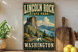 A vintage-style sign for Lincoln Rock State Park in Washington, featuring a scenic landscape with mountains, a lake, and pine trees.