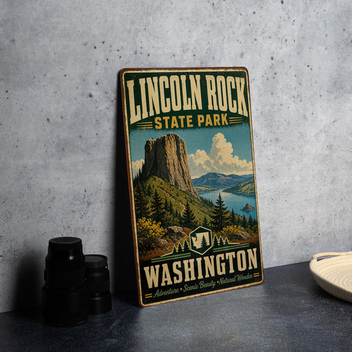 A vintage-style metal sign for Lincoln Rock State Park in Washington, featuring a scenic landscape with mountains, forests, and a lake.