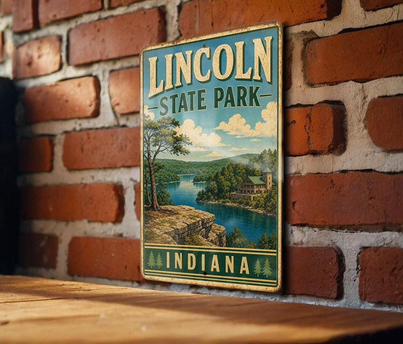 A vintage metal sign for Lincoln State Park in Indiana, featuring a scenic landscape with a river, trees, and a building.