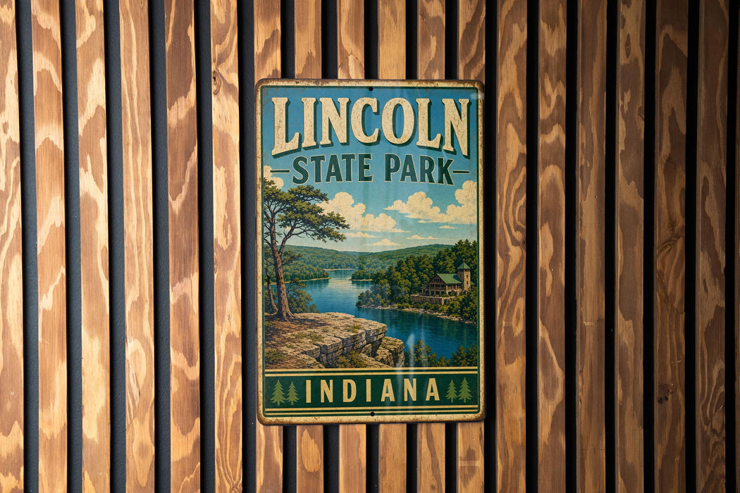 A vintage metal sign for Lincoln State Park in Indiana, featuring a scenic landscape with a lake and mountains.