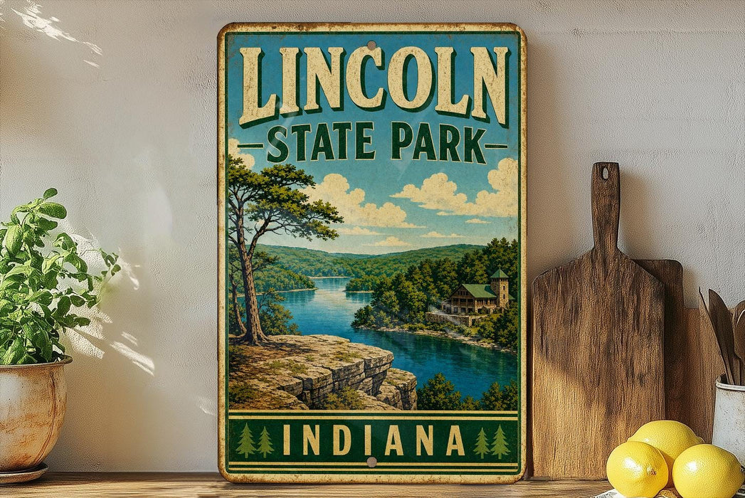 A vintage-style sign for Lincol State Park in Indiana, featuring a scenic landscape with a lake, mountains, and a cabin.