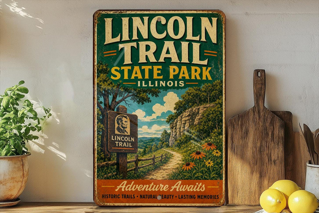 A vintage-style sign for the Lincoln Trail State Park in Illinois, featuring a scenic illustration of a trail surrounded by nature.