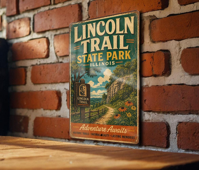 A vintage-style metal sign for the Lincoln Trail in Illinois, featuring a scenic illustration of a path leading through a lush, wooded landscape with a mountain backdrop.