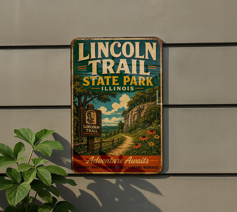 A vintage metal sign for Lincoln Trail State Park in Illinois, featuring a scenic illustration of a trail surrounded by nature.