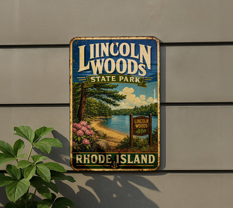 A vintage metal sign for Lincoln Woods State Park in Rhode Island, featuring a scenic landscape with a lake, trees, and a sign indicating the park's location.