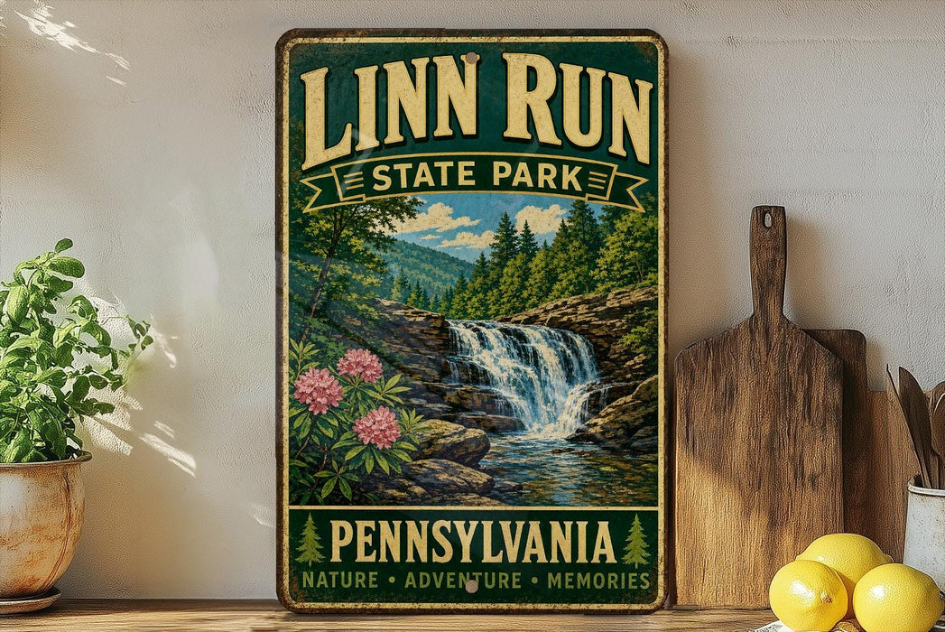 A vintage-style sign for Linn Run State Park in Pennsylvania, featuring a scenic image of a waterfall surrounded by pine trees and pink flowers.