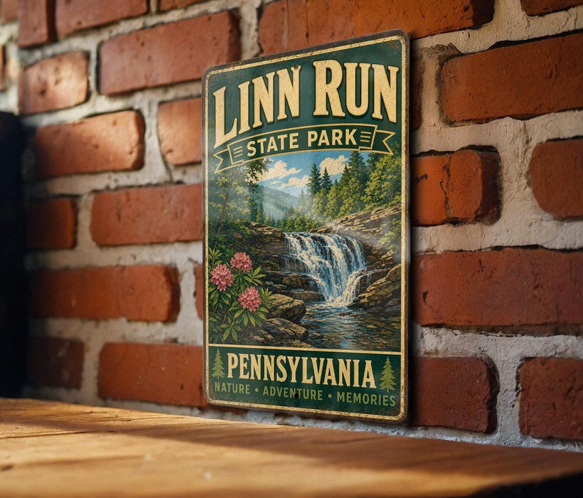 A vintage-style metal sign for Linn Run State Park in Pennsylvania, featuring a scenic waterfall and forest landscape.