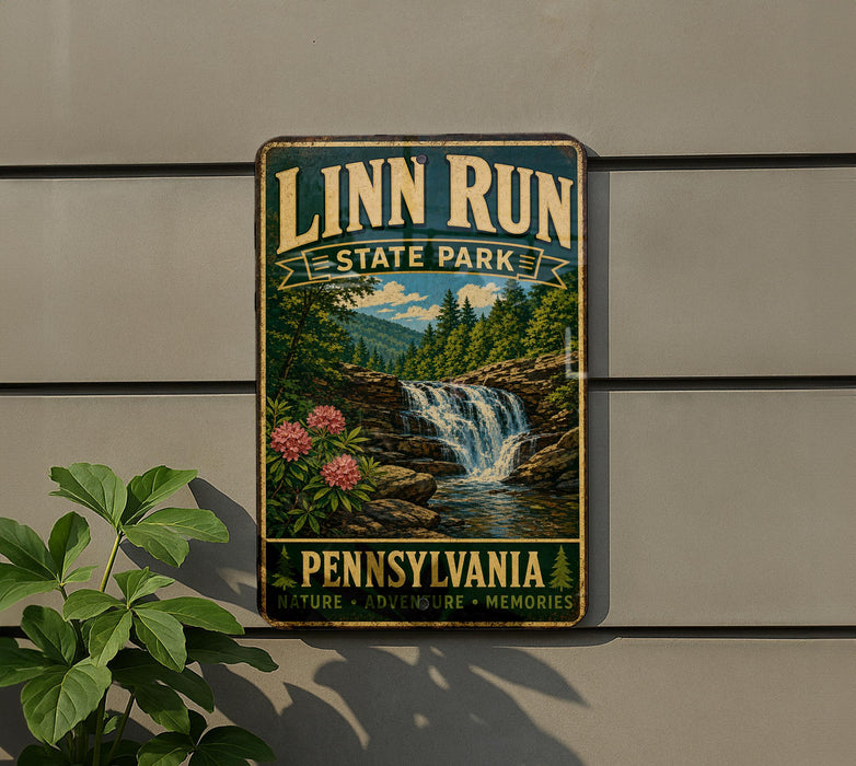 A vintage-style metal sign for Linn Run State Park in Pennsylvania, featuring a scenic image of a waterfall surrounded by nature.