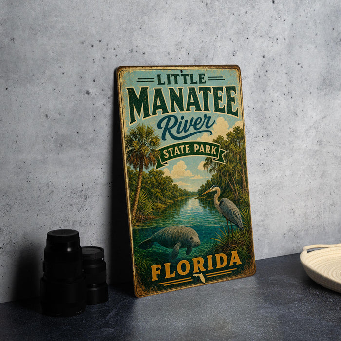 A vintage-style metal sign for Little Manatee River State Park in Florida, featuring an illustration of a manatee and a bird in a tropical setting.