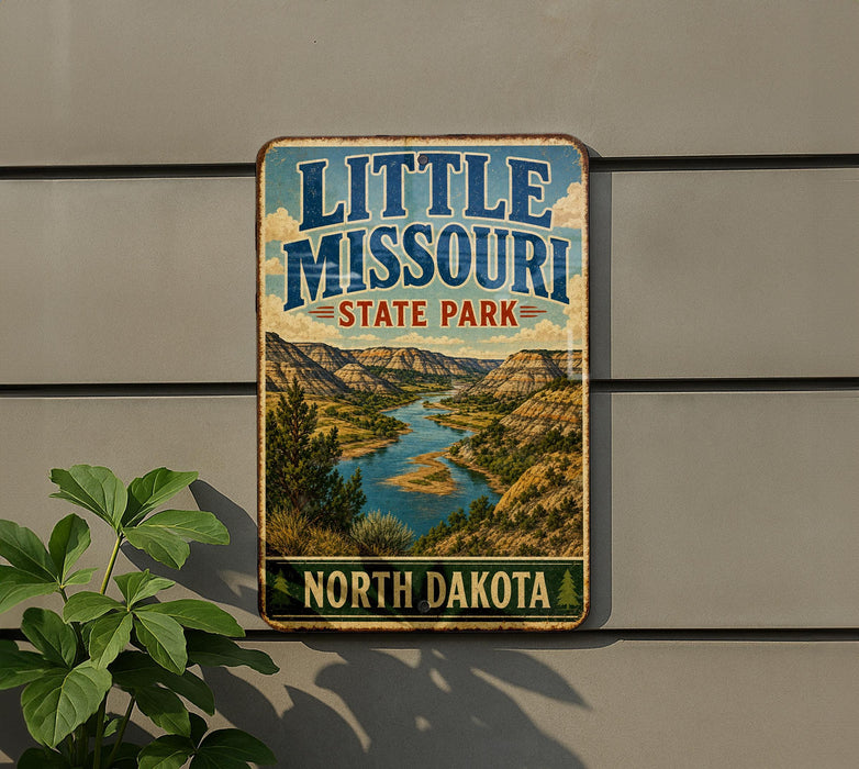 A vintage-style metal sign for Little Missouria State Park, featuring a scenic landscape of mountains, a river, and lush vegetation.
