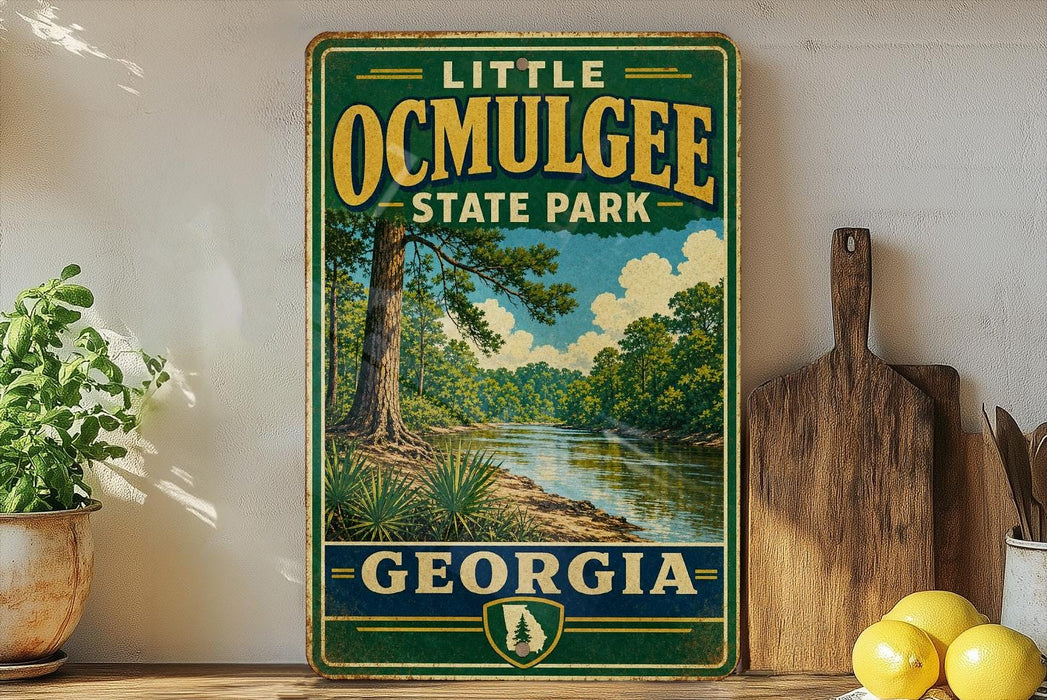 A vintage-style sign for Little Ocmulgee State Park in Georgia, featuring a scenic landscape with a river and trees.