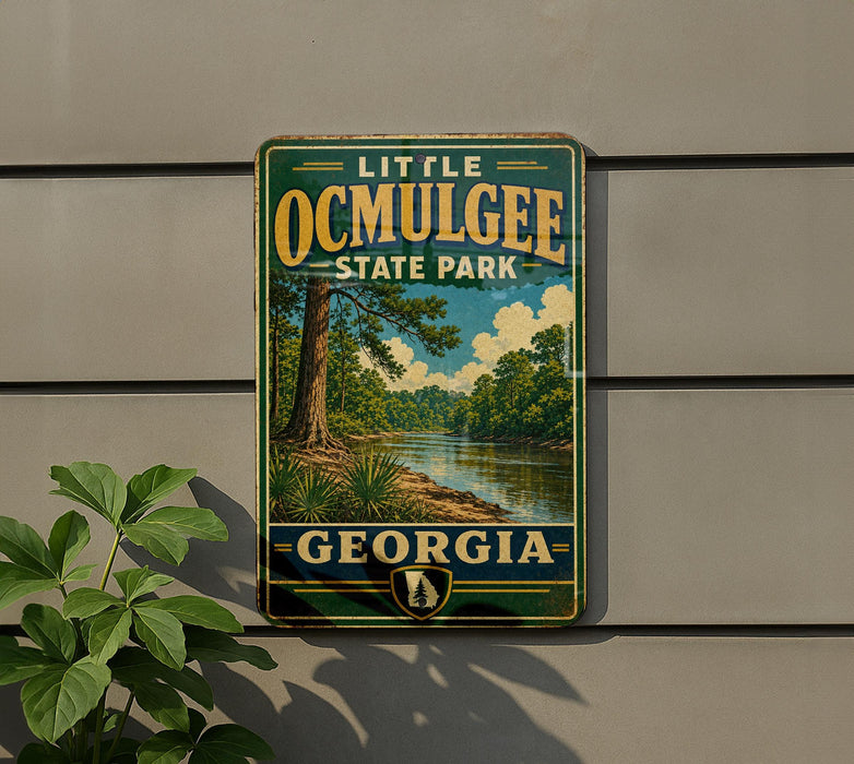 A vintage-style metal sign for Little Ocmulgee State Park in Georgia, featuring a scenic landscape with a river and trees.