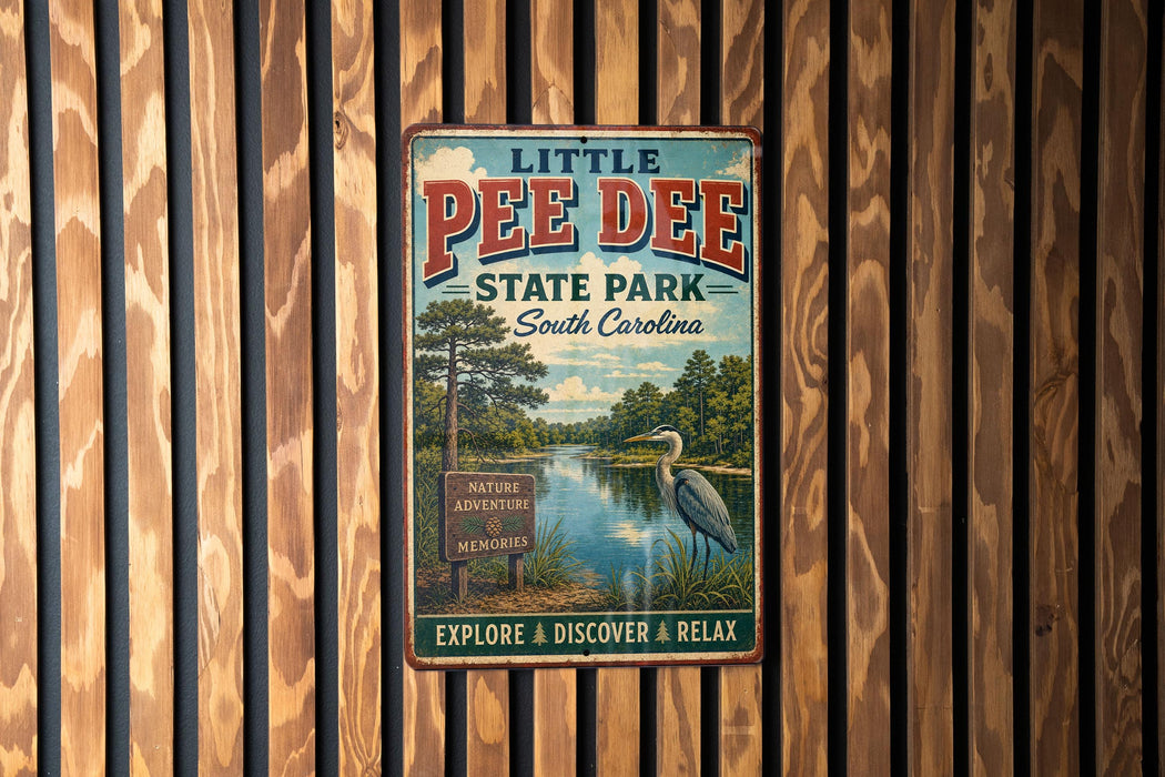 A vintage metal sign for Little Pee Dee State Park in South Carolina, featuring a scenic illustration of a lake, trees, and a bird.