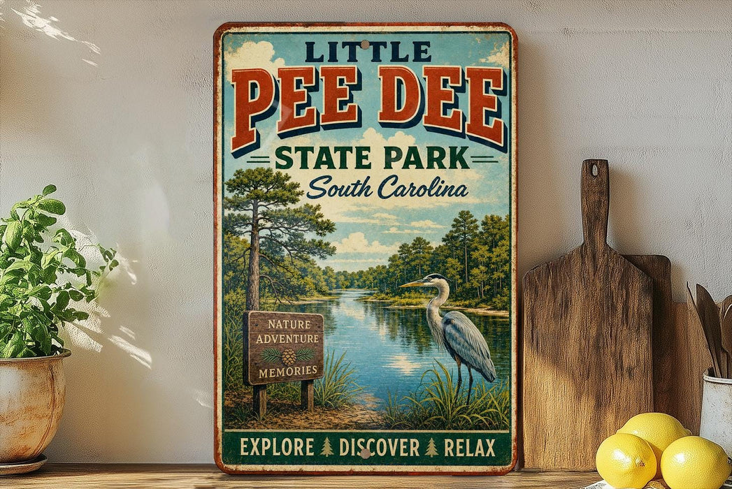 A vintage-style metal sign for Little Pee Dee State Park in South Carolina, featuring a scenic image of a lake, trees, and a bird.