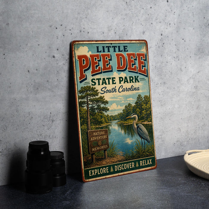 A vintage-style metal sign for Little Pee Dee State Park in South Carolina, featuring a scenic illustration of a lake and a crane, along with the text "Little Pee Dee State Park South Carolina" and "NATURE ADVENTURE MEMORIES".