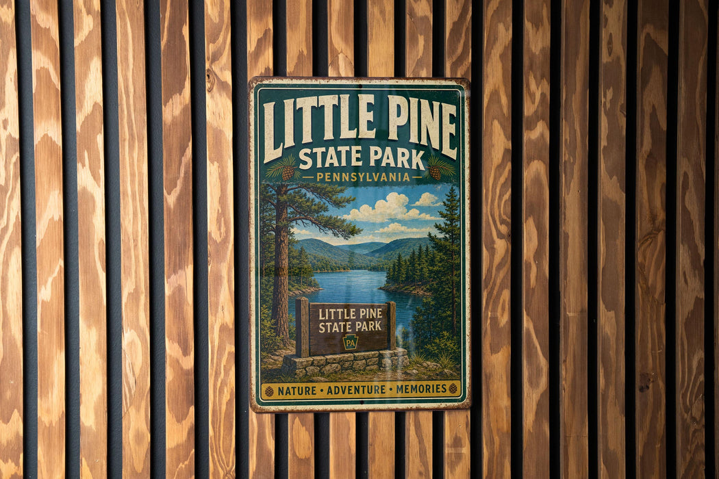 A vintage metal sign for Little Pine State Park in Pennsylvania, featuring a scenic landscape with pine trees, a lake, and mountains.