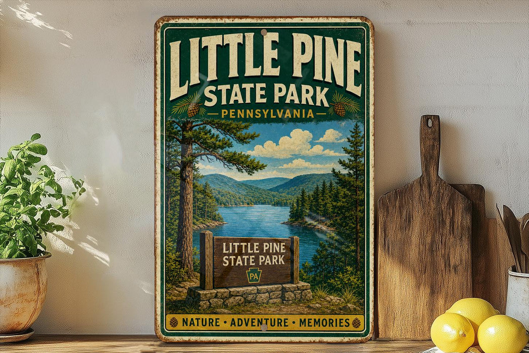 A vintage-style metal sign for Little Pine State Park in Pennsylvania, featuring a scenic landscape with pine trees, a lake, and mountains.