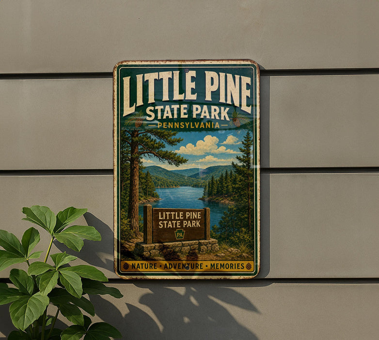 A vintage metal sign for Little Pine State Park in Pennsylvania, featuring a scenic landscape with pine trees, a lake, and mountains.