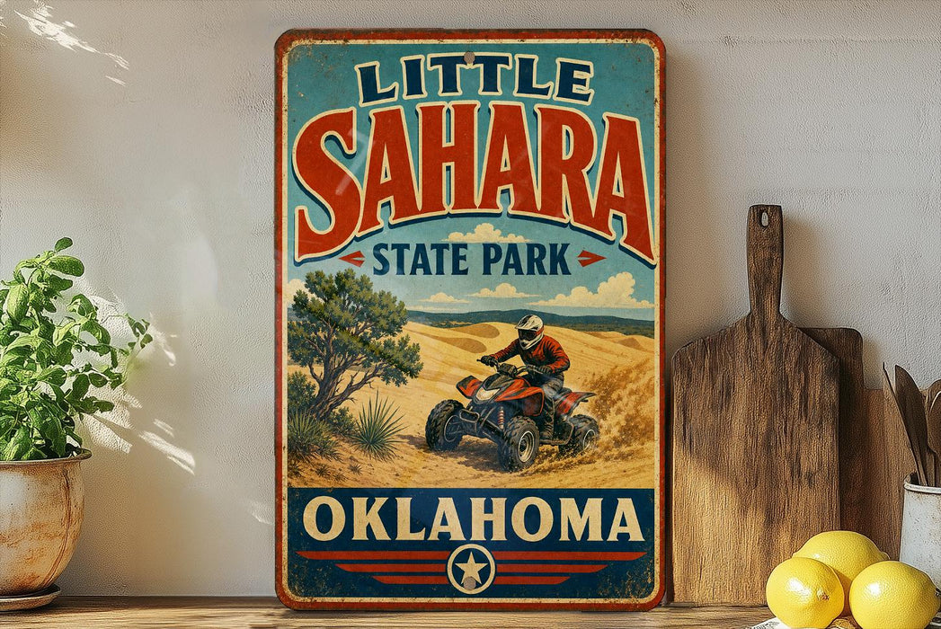 A vintage-style sign for Little Sahara State Park in Oklahoma, featuring an illustration of a person riding an ATV in a desert landscape.