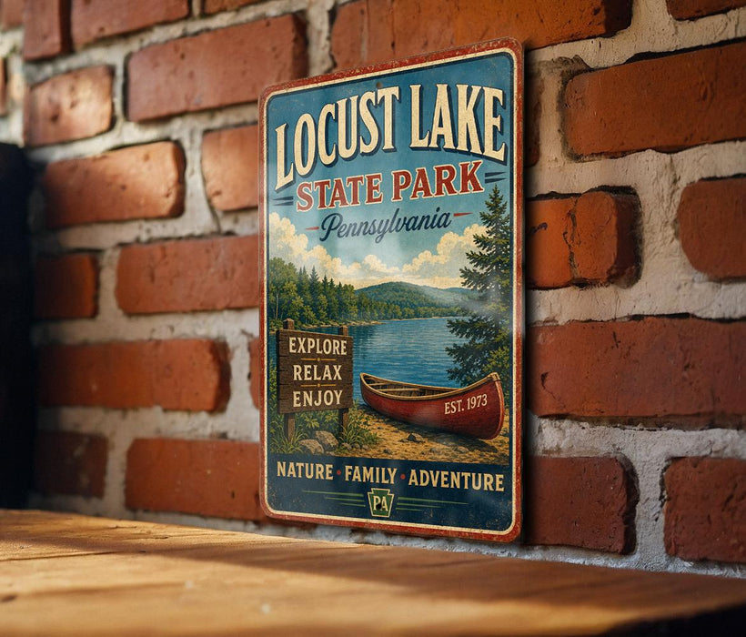 A vintage-style metal sign for Locust Lake State Park in Pennsylvania, featuring a canoe and a scenic landscape.