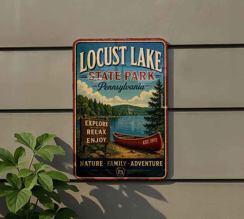 a vintage-style metal sign for Locust Lake State Park in Pennsylvania, with a canoe and a scenic landscape in the background.