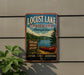 a vintage-style metal sign for Locust Lake State Park in Pennsylvania, with a canoe and a scenic landscape in the background.