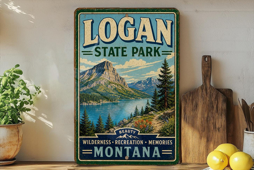 A vintage-style sign for Logan State Park, featuring a scenic mountain landscape with a lake and pine trees, is displayed on a shelf next to a wooden cutting board and some lemons.