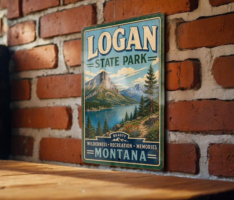 A vintage-style metal sign for Logan State Park in Montana, featuring a scenic mountain landscape and a lake.