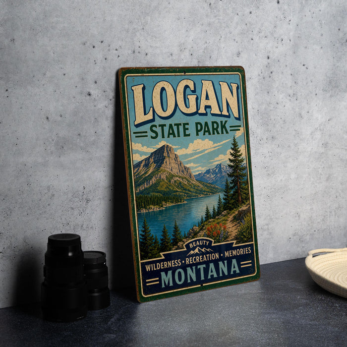 A vintage-style sign for Logan State Park, featuring a mountain landscape and a lake, is displayed on a gray concrete surface.