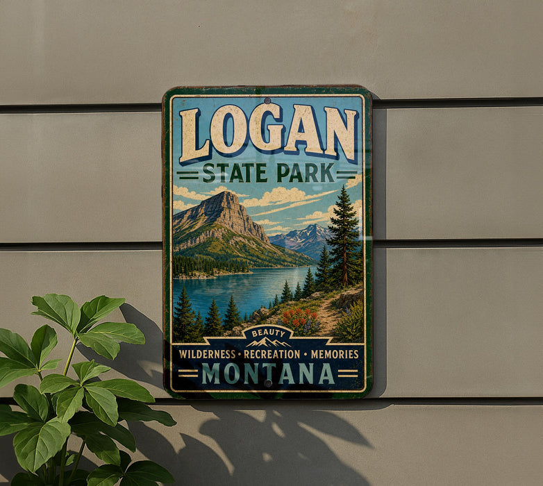 A vintage-style sign for Logan State Park, featuring a scenic mountain landscape with a lake and pine trees.