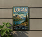 A vintage-style sign for Logan State Park, featuring a scenic mountain landscape with a lake and pine trees.