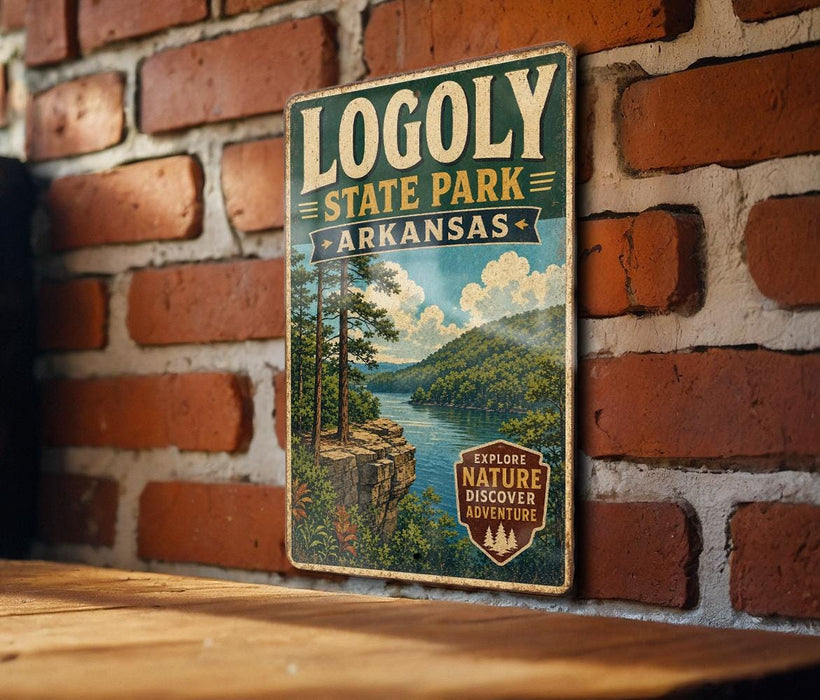 A vintage-style metal sign for Logo State Park in Arkansas, featuring a scenic landscape with a river and mountains.